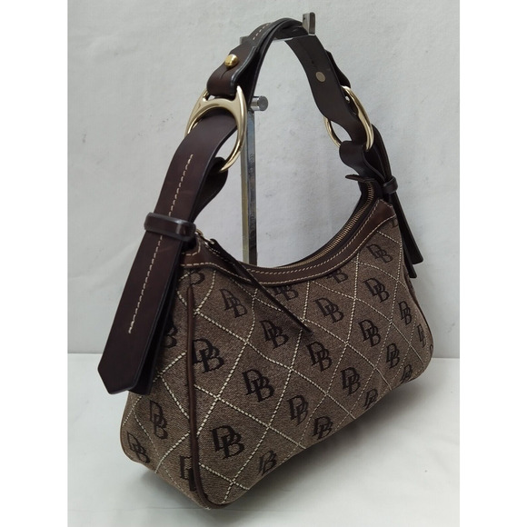 Dooney & Bourke Brown Canvas Leather Trim DB Printed Zipper Hobo Shoulder Bag - Picture 3 of 16